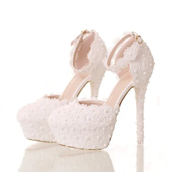 Elegant White Wedding Shoes 2018 Lace Flower Pearl Ankle Strap 14 Cm Stiletto Heels Round Toe Wedding High Heels