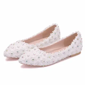 Chic Belle Blanche Chaussure De Mariée 2018 En Dentelle Fleur Faux Diamant À Bout Pointu Mariage Plate