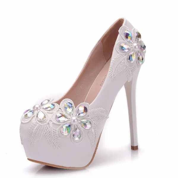 Modern / Fashion White Wedding Shoes 2018 Lace Crystal 14 cm Stiletto Heels Round Toe Wedding Pumps