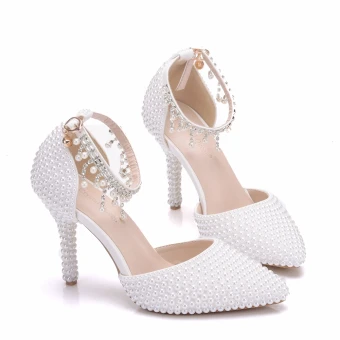 Charming White Wedding Shoes 2018 Pearl Rhinestone Tassel 9 Cm Stiletto Heels Ankle Strap Pointed Toe Wedding High Heels
