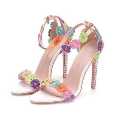 Unique Multi Couleurs Jardin Extérieur Chaussures Femmes 2018 En Dentelle Fleur Bride Cheville 6 Cm Talons Aiguilles Peep Toes Bout Ouvert Talons Hauts