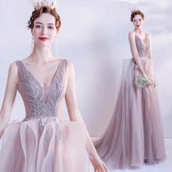 Charming Pearl Pink Prom Dresses 2021 A Line Princess Deep V Neck Beading Sequins Sleeveless Backless Sweep Train Formal Dresses