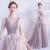 Charming Pearl Pink Prom Dresses 2021 A-Line / Princess Deep V-Neck Beading Sequins Sleeveless Backless Sweep Train Formal Dresses