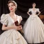 Victorian Style Vintage / Retro Affordable Ivory Ball Gown Wedding Dresses 2021 Deep V-Neck Bow Short Sleeve Backless Floor-Length / Long Wedding