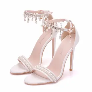 Charming White Wedding Shoes 2018 Pearl Rhinestone Tassel Ankle Strap 11 Cm Stiletto Heels Open Peep Toe Wedding High Heels