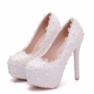 Chic Beautiful White Wedding Shoes 2018 Lace Flower Pearl 14 Cm Stiletto Heels Round Toe Wedding Pumps