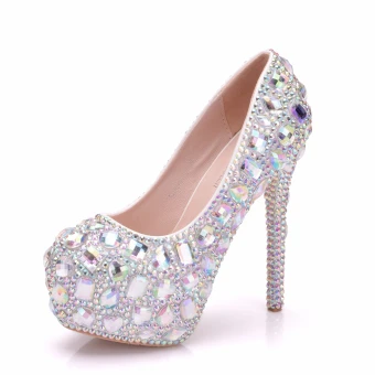 Scintillantes Argenté Chaussure De Mariée 2018 Cristal Faux Diamant 14 Cm Talons Aiguilles À Bout Rond Mariage Escarpins
