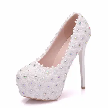Piękne Białe Buty Ślubne 2018 Z Koronki Kwiat Rhinestone 14 Cm Szpilki Okrągłe Toe Ślub Czółenka