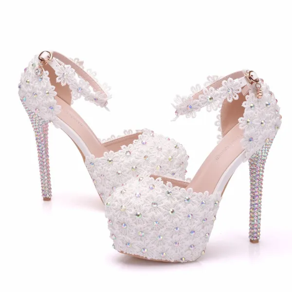 Chic / Beautiful White Wedding Shoes 2018 Lace Flower Rhinestone 14 cm ...