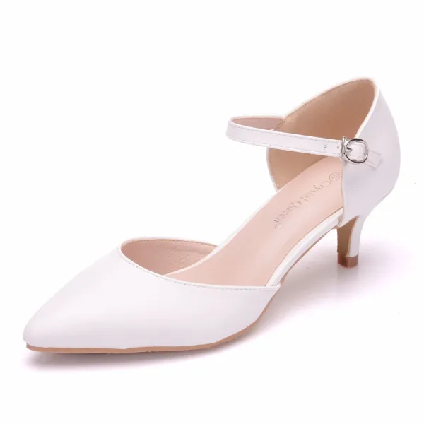 Modest / Simple White Womens Shoes 2018 Buckle 5 cm Stiletto Heels Pointed Toe High Heels