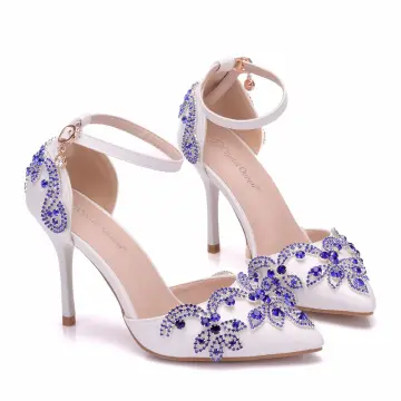 Mooie Prachtige Witte Bruidsschoenen 2018 Rhinestone Enkelband 9 Cm Naaldhakken Stiletto Spitse Neus Huwelijk Hoge Hakken