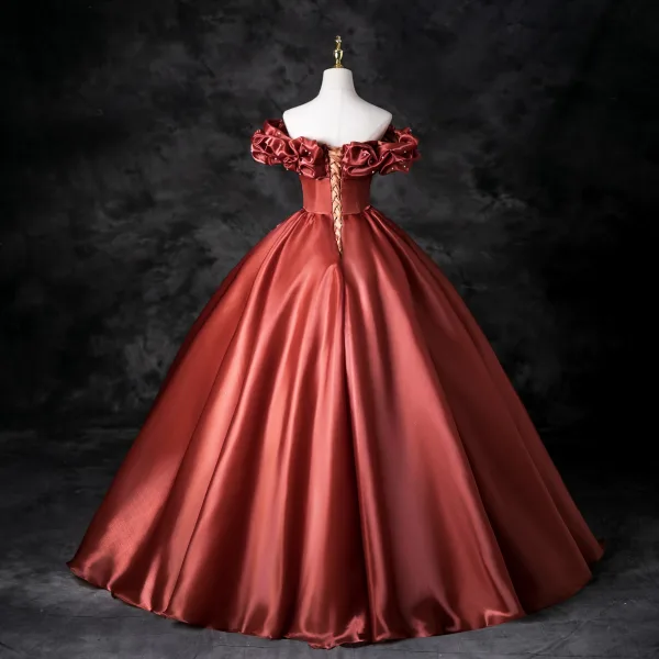 Elegant Watermelon Prom Dresses 2025 Ball Gown Off-The-Shoulder Ruffle Short Sleeve Backless Floor-Length / Long Prom Formal Dresses