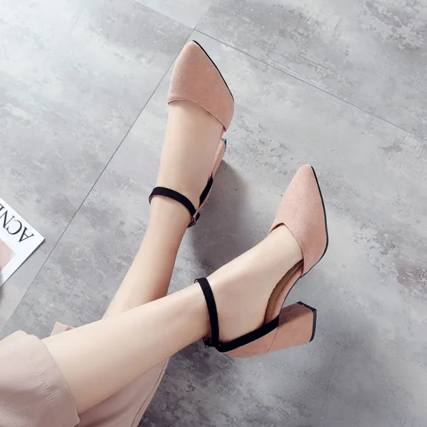 Simple Rougissant Rose Vêtement de rue Daim Sandales Femme 2021 Bride Cheville 8 cm Talons Aiguilles À Bout Pointu Sandales Talons Hauts