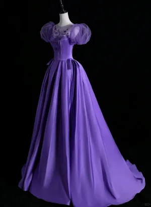 Vintage Retro Purple Beading Satin Prom Dresses 2025 A Line Princess Scoop Neck Puffy Short Sleeve Backless Floor Length Long Prom Formal Dresses