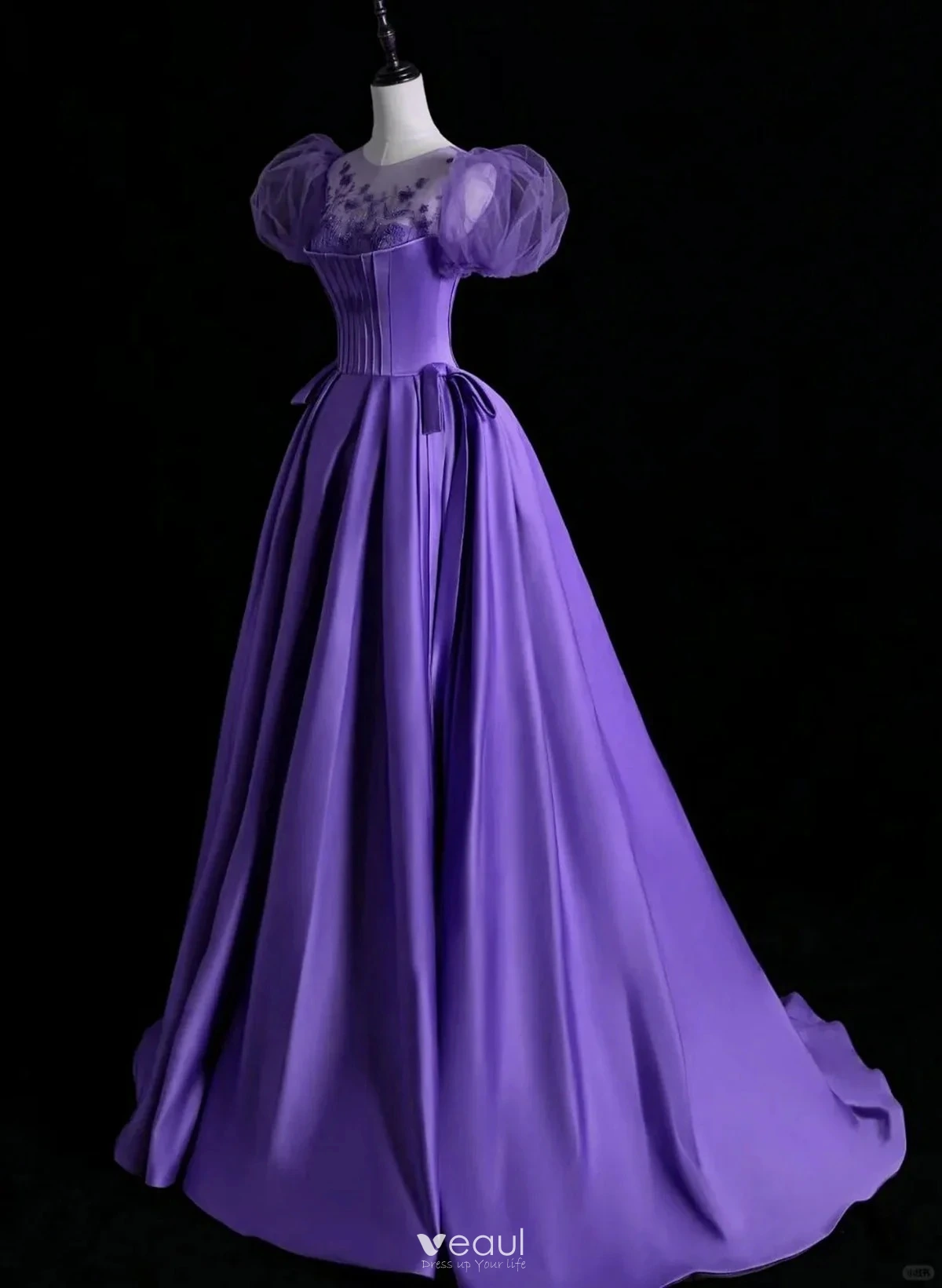 Puffy Sleeve Backless Satin Purple Backless Prom Dress