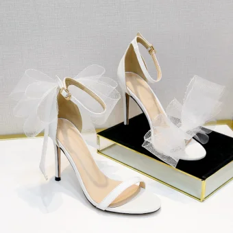 Chic Belle Blanche Promo Noeud Sandales Femme 2020 Bride Cheville 10 Cm Talons Aiguilles Peep Toes Bout Ouvert Sandales