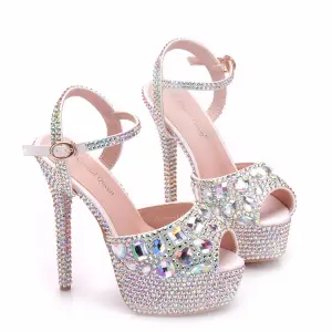 Scintillantes Argenté Chaussure De Mariée 2018 Cristal Faux Diamant Bride Cheville 14 Cm Talons Aiguilles Peep Toes Bout Ouvert Mariage Talons Hauts