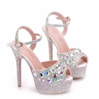 Sparkly Silver Wedding Shoes 2018 Crystal Rhinestone Ankle Strap 14 Cm Stiletto Heels Open Peep Toe Wedding High Heels