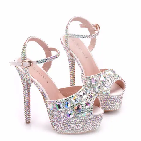 Scintillantes Argenté Chaussure De Mariée 2018 Cristal Faux Diamant Bride Cheville 14 cm Talons Aiguilles Peep Toes / Bout Ouvert Mariage Talons Hauts