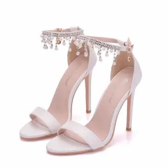 Sexy White Wedding Shoes 2018 Pearl Rhinestone Tassel Ankle Strap 11 Cm Stiletto Heels Open Peep Toe Wedding High Heels