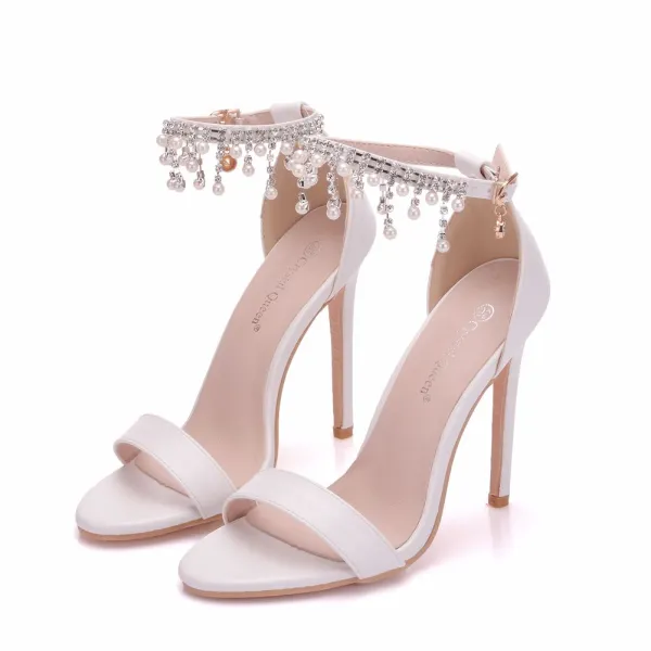 Sexy White Wedding Shoes 2018 Pearl Rhinestone Tassel Ankle Strap 11 cm Stiletto Heels Open / Peep Toe Wedding High Heels