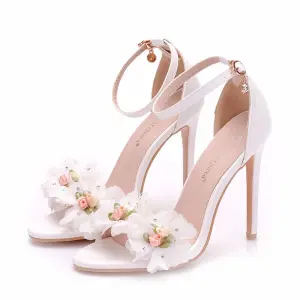 Chic Beautiful White Wedding Shoes 2018 Appliques Rhinestone Ankle Strap 11 Cm Stiletto Heels Open Peep Toe Wedding High Heels