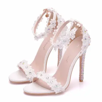 Modern Fashion White Wedding Shoes 2018 Lace Flower Rhinestone Ankle Strap 11 Cm Stiletto Heels Open Peep Toe Wedding High Heels