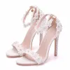 Modern / Fashion White Wedding Shoes 2018 Lace Flower Rhinestone Ankle Strap 11 cm Stiletto Heels Open / Peep Toe Wedding High Heels