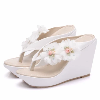 Modern Fashion White Beach Womens Shoes 2018 Appliques Wedges Slipper Flip Flops