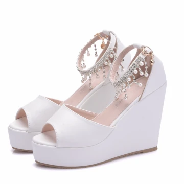 Modern Fashion White Casual Wedges Womens Shoes 2018 Pearl Rhinestone Tassel Ankle Strap Open Peep Toe