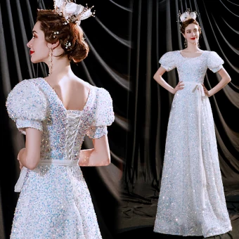 Scintillantes Blanche Robe De Soirée 2021 Princesse Encolure Dégagée Paillettes Manches Courtes Dos Nu Longue Robe De Ceremonie