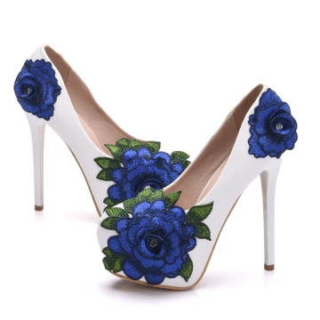 Fine Hvit Brudesko 2018 Appliques Blonder 14 Cm Stiletthæler Rund Tå Bryllup Pumps