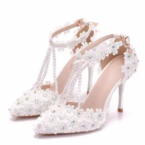 Modern Fashion White Wedding Shoes 2018 Lace Flower Rhinestone Pearl T Strap Ankle Strap 9 Cm Stiletto Heels Pointed Toe Wedding High Heels