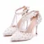 Modern / Fashion White Wedding Shoes 2018 Lace Flower Rhinestone Pearl T-Strap Ankle Strap 9 cm Stiletto Heels Pointed Toe Wedding High Heels