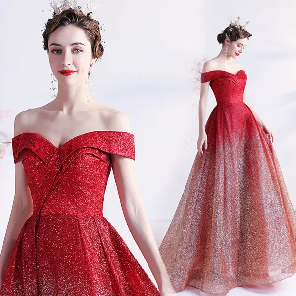Błyszczące Seksowne Gradient-Kolorów Czerwone Sukienki Na Bal 2021 Princessa Przy Ramieniu Cekinami Cekiny Bez Rękawów Bez Pleców Długie Sukienki Wizytowe