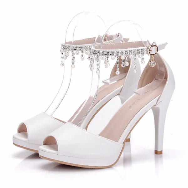 Chic / Beautiful White Wedding Shoes 2018 Pearl Rhinestone Ankle Strap 7 cm Stiletto Heels Open / Peep Toe Wedding High Heels