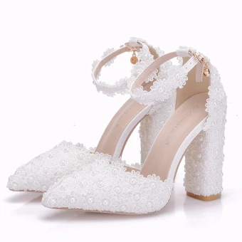 Chic Beautiful White Wedding Shoes 2018 Lace Flower Pearl Ankle Strap 8 Cm Thick Heels Pointed Toe Wedding High Heels