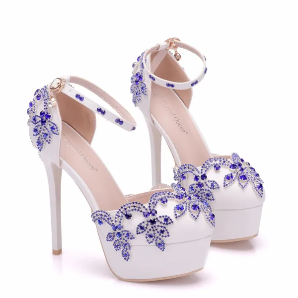 Chic / Beautiful Royal Blue Wedding Shoes 2018 Rhinestone 14 cm Stiletto Heels Round Toe Wedding High Heels