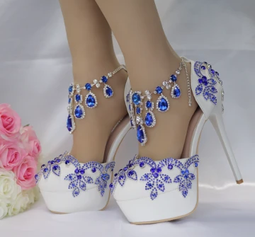 Charmant Bleu Roi Chaussure De Mariée 2018 Cristal Faux Diamant 14 Cm Talons Aiguilles À Bout Rond Mariage Talons Hauts