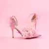 Lovely Candy Pink Prom Womens Shoes 2018 Pearl Flower Ankle Strap 9 cm Stiletto Heels Pointed Toe Pumps
