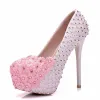 Lovely Blushing Pink Wedding Shoes 2018 Lace Flower Rhinestone 14 cm Stiletto Heels Round Toe Wedding Pumps