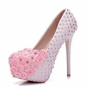 Lovely Blushing Pink Wedding Shoes 2018 Lace Flower Rhinestone 14 Cm Stiletto Heels Round Toe Wedding Pumps