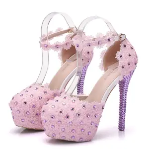 Lovely Candy Pink Wedding Shoes 2018 Lace Flower Rhinestone Ankle Strap 11 Cm Stiletto Heels Round Toe Wedding Pumps