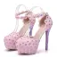Charmant Rose Bonbon Chaussure De Mariée 2018 En Dentelle Fleur Faux Diamant Bride Cheville 11 cm Talons Aiguilles À Bout Rond Mariage Escarpins
