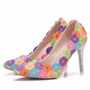 Bloemenfee Multi Kleuren Gala Pumps 2018 Kant Bloem 9 Cm Naaldhakken Stiletto Spitse Neus Pumps