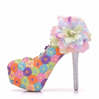 Flower Fairy Multi Colors Prom Pumps 2018 Lace Handmade Flower 14 Cm Rhinestone Stiletto Heels Round Toe Pumps