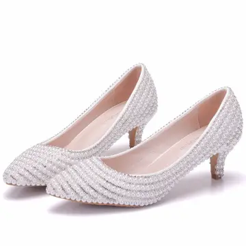 Mode Weiß Brautschuhe 2018 Perlenstickerei Perle Strass 3 Cm Stilettos Spitzschuh Low Heel Hochzeit Pumps