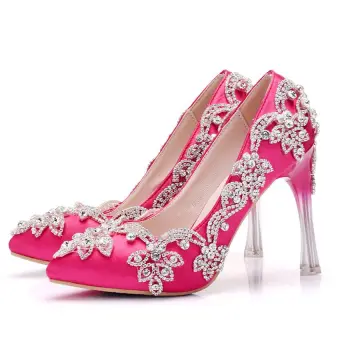 Charming Fuchsia Wedding Shoes 2018 Rhinestone 8 Cm Crystal Stiletto Heels Pointed Toe Wedding Pumps