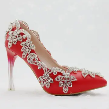 Chiński Styl Czerwone Buty Ślubne 2018 Rhinestone 9 Cm Kryształ Szpilki Szpiczaste Ślub Czółenka