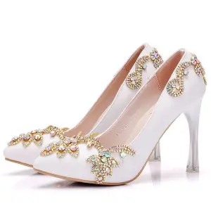 Mode Vita Brudskor 2018 Rhinestone 9 Cm Kristall Stilettklackar Spetsiga Bröllop Pumps
